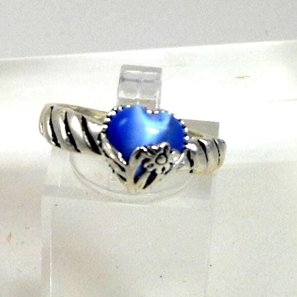 Vintage Designer Sterling Silver Blue Cat's Eye Heart Ring Size 8.25 Chrysoberyl - Picture 1 of 6